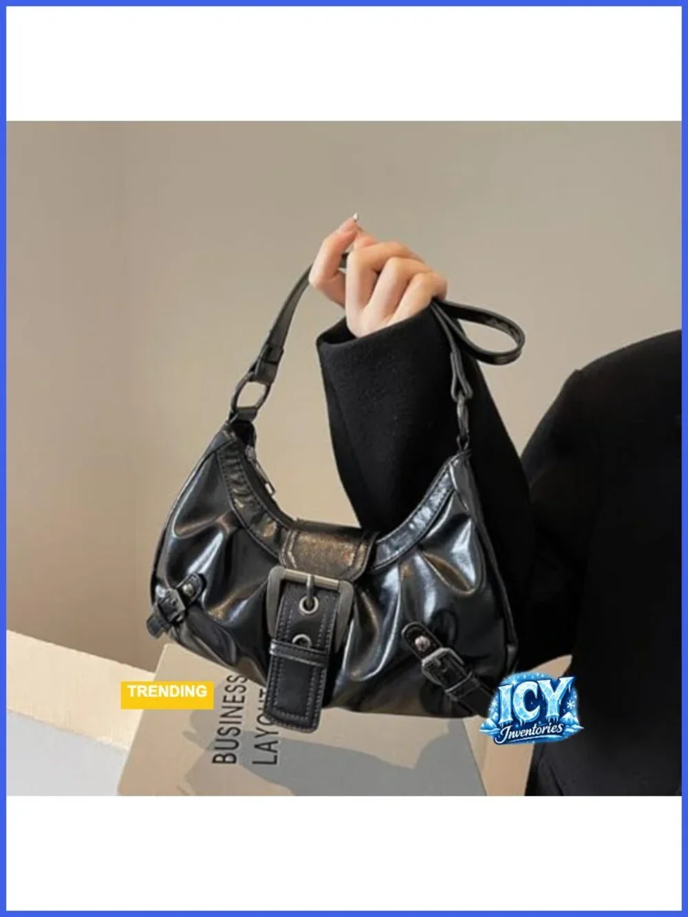Y2K Faux Leather Hobo Shoulder Bag with Buckle Details